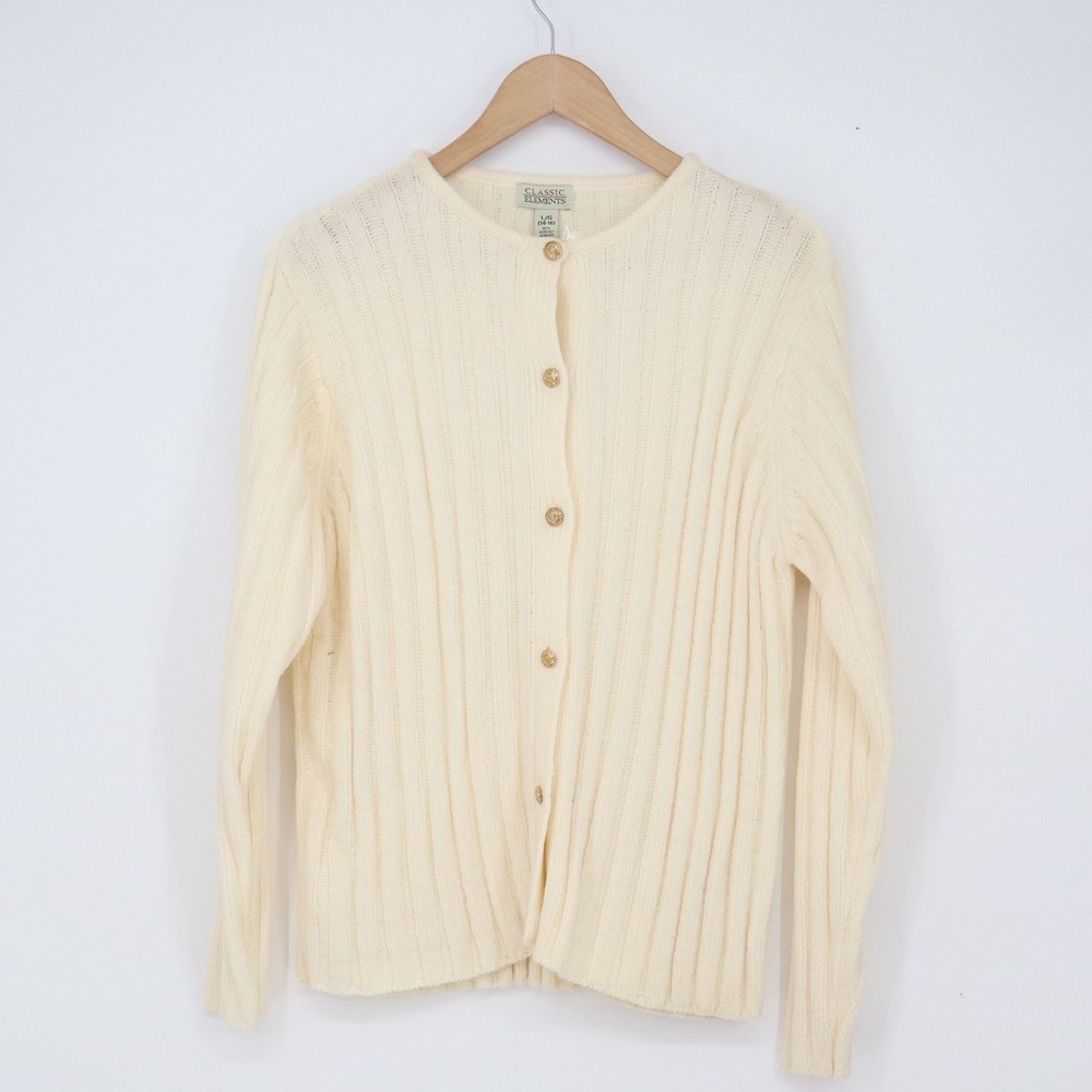 Classic Elements Cardigan Womens L Ribbed Knit Cream Gold Button Down NWT